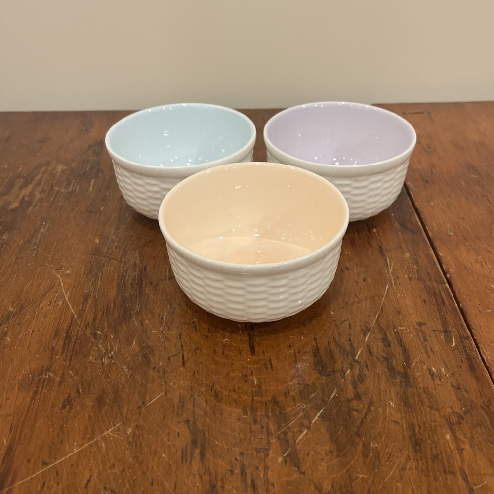 3 Rare Wedgwood Nantucket Bone China Basket Weave Pastel Color Dip Bowl Ramekins